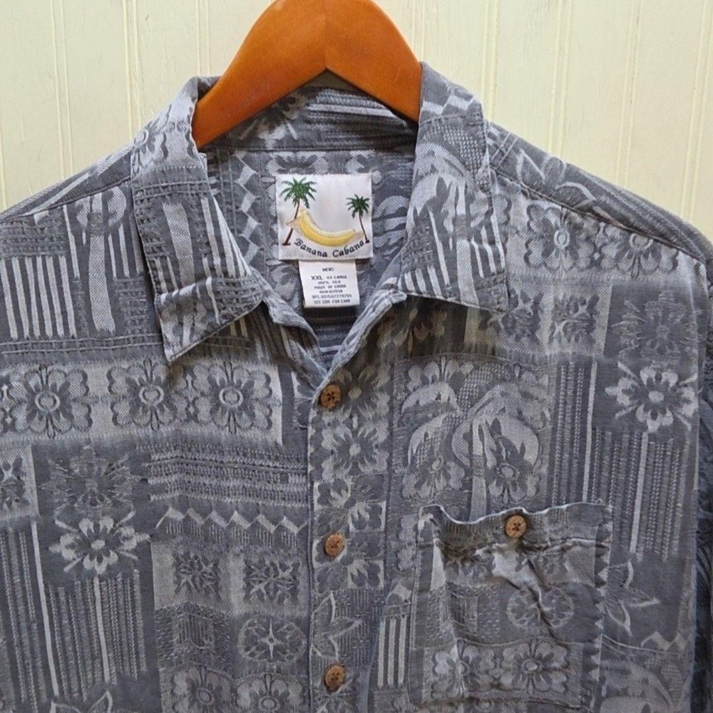 Banana Cabana Shirt Mens 2XL Gray Floral Hawaiian Silk Short Sleeve Button-Up